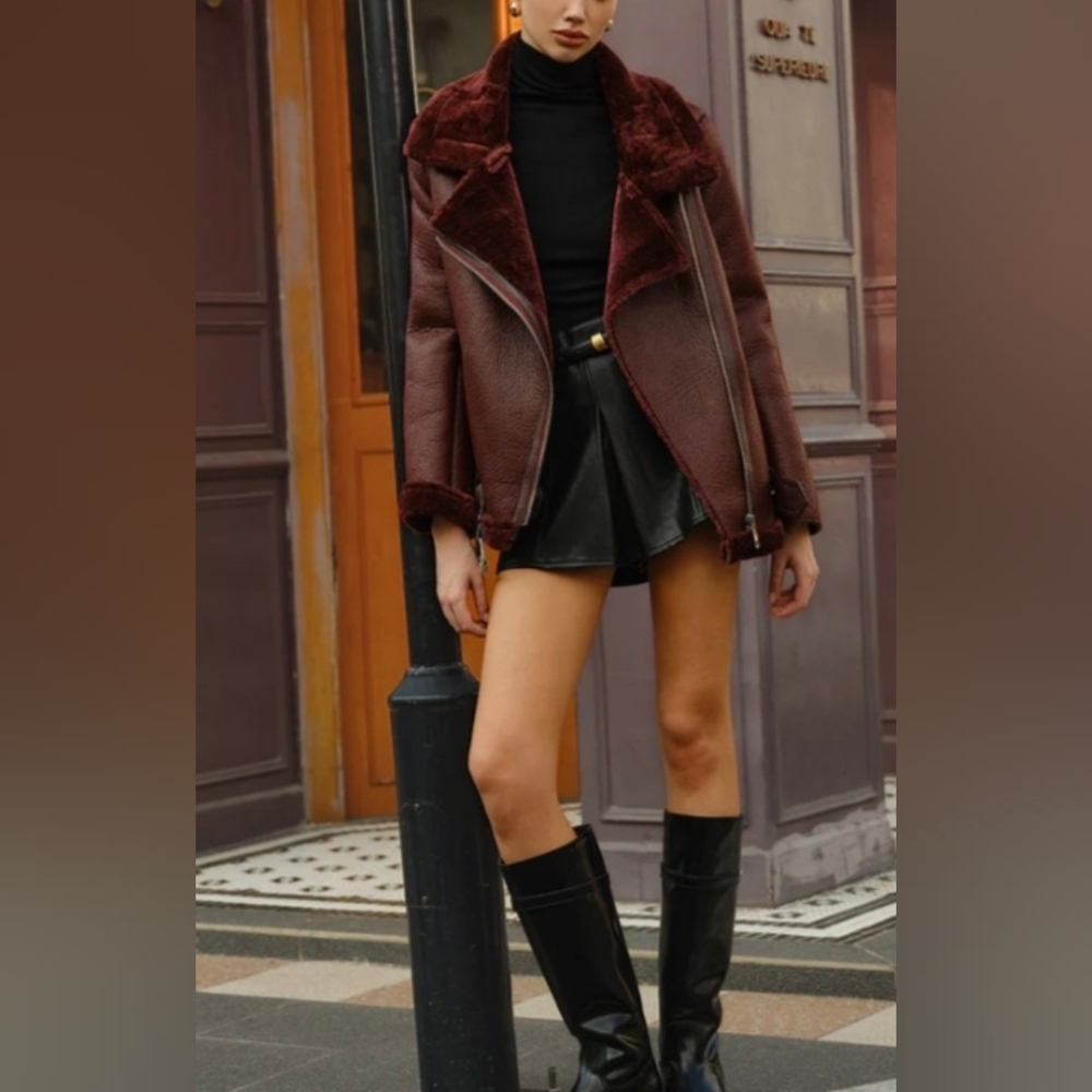 Commense Longline Faux Leather Shearling Moto Aviator Bomber Jacket S NWT - Picture 4 of 5
